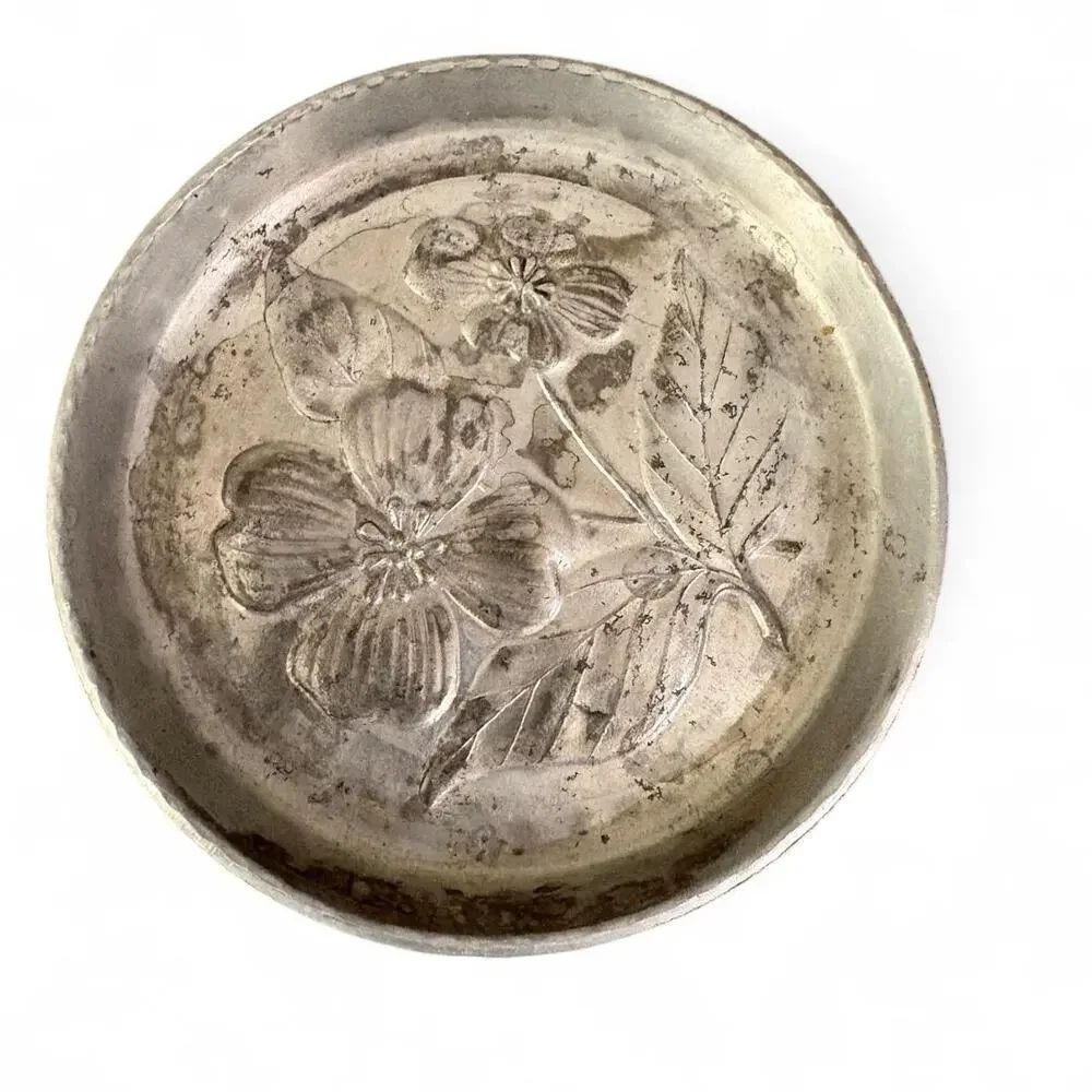 Vintage Stede Pewter Floral Coasters Set of 2 Embossed Flowers Patina